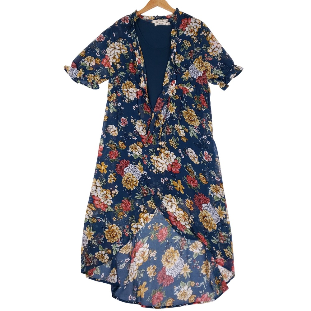 Liberty Love Dress Set Womens XL Sheer Floral High Low Navy Blue 2 PC Layered